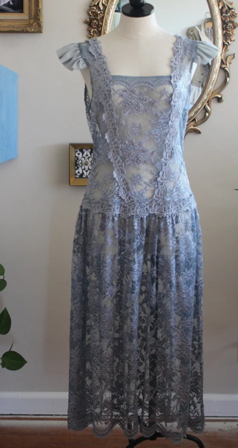 Reconstructed / Vintage / Smokey Blue Lace Dress / Scalloped Lace On Back And Hemline / Mori Style / Lagenlook / Shabby Chic