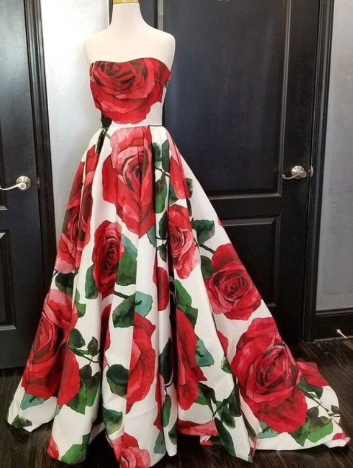Floral Long Prom Dress Print Evening Dress Ball Gown Prom Gowns