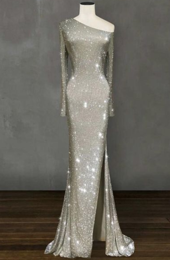 Elegant Silver Split Sexy Prom Dress ， Shiny Prom Dress