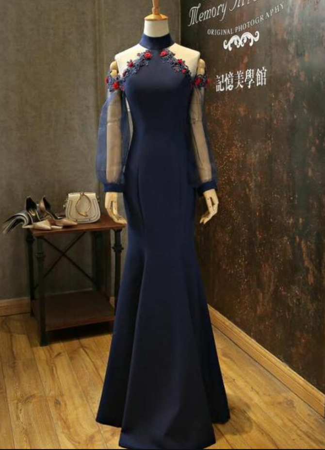 Navy Blue Mermaid Long Puffy Sleeves With Flowers Formal Dress, Navy Blue Evening Dress Prom Dress