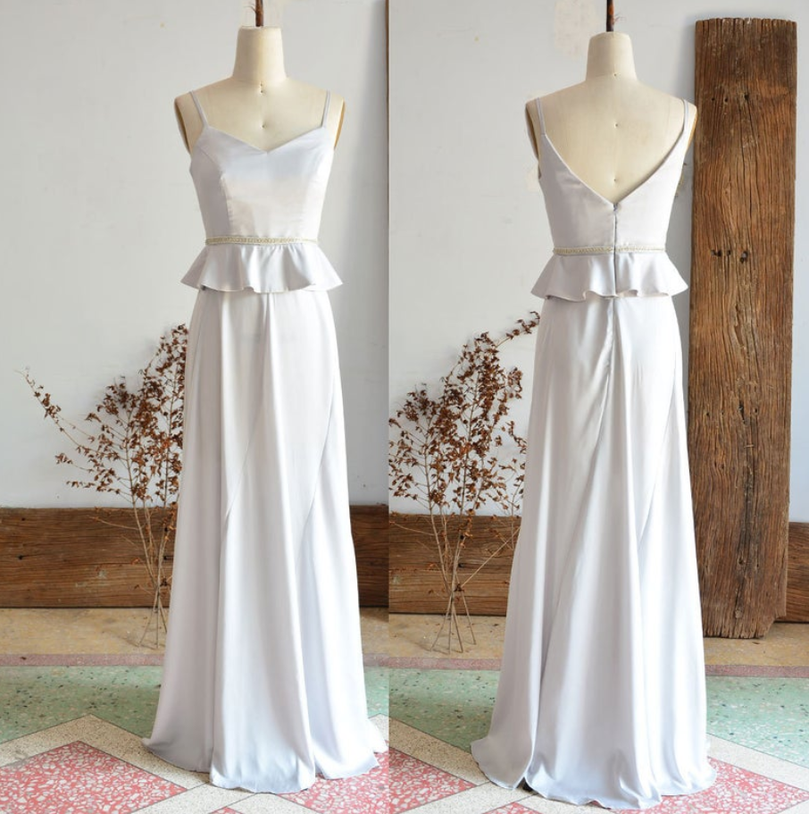 Silver Long Bridesmaid Dress With Bead Belt Custom Weeding Party Dress Spaghetti Strap Women Evening Prom Dress