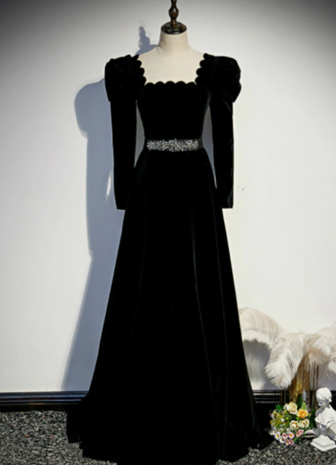 Black Velvet Square Long Sleeve Prom Dress With Belt