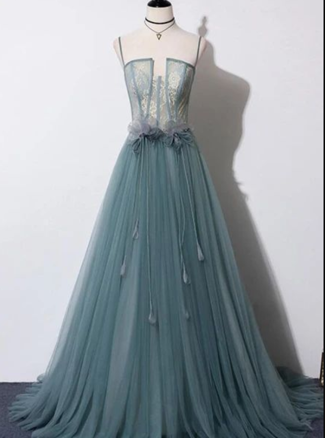 Beautiful Tulle Straps Long With Lace Party Gown, Prom Dress