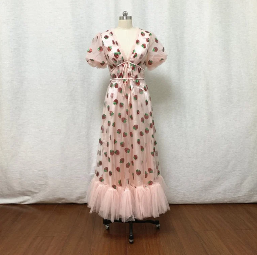 Strawberry Tulle Midi Dress 2021 Made-to-order With Puffy Sleeves