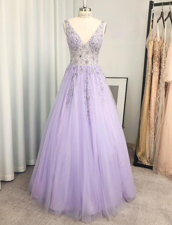 Prom Dresses A-line/princess Tulle Beading V-neck Sleeveless Floor-length Dresses