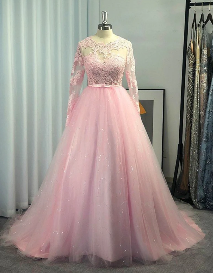 Prom Dresses Ball Gown Long Sleeves Tulle Lace Jewel Sweep Train Dresses