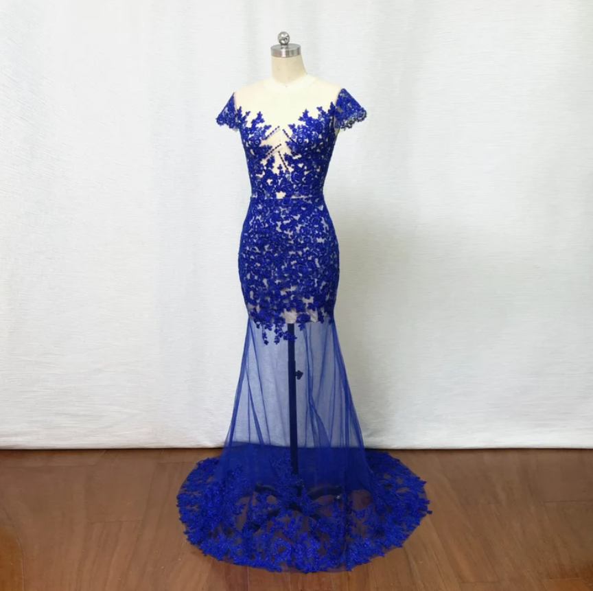 Sexy Prom Dress 2020 Mermaid Royal Blue Lace Applique Long Evening Dress