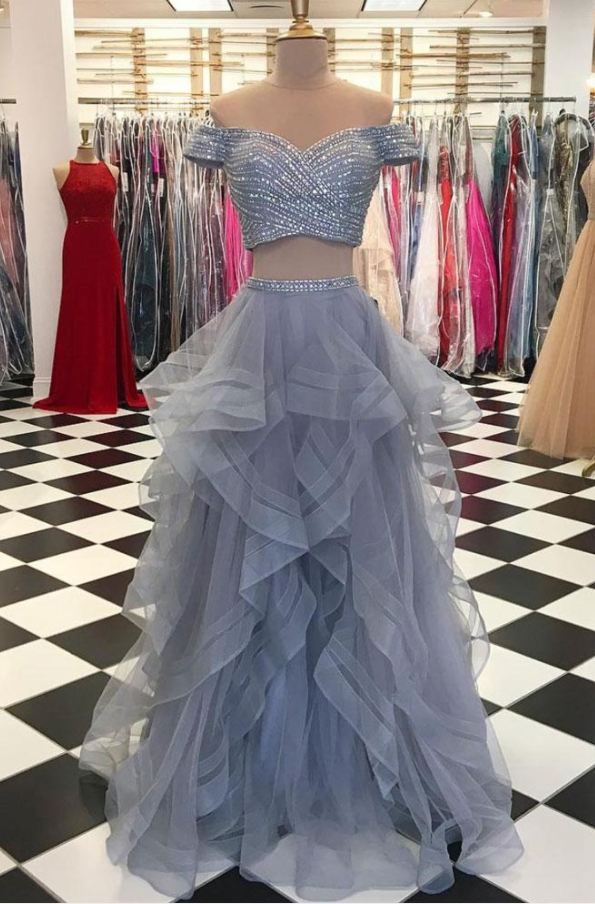 Charming Two Piece Gray Beaded Prom Dress,ruffles Tulle Off Shoulder Evening Gowns