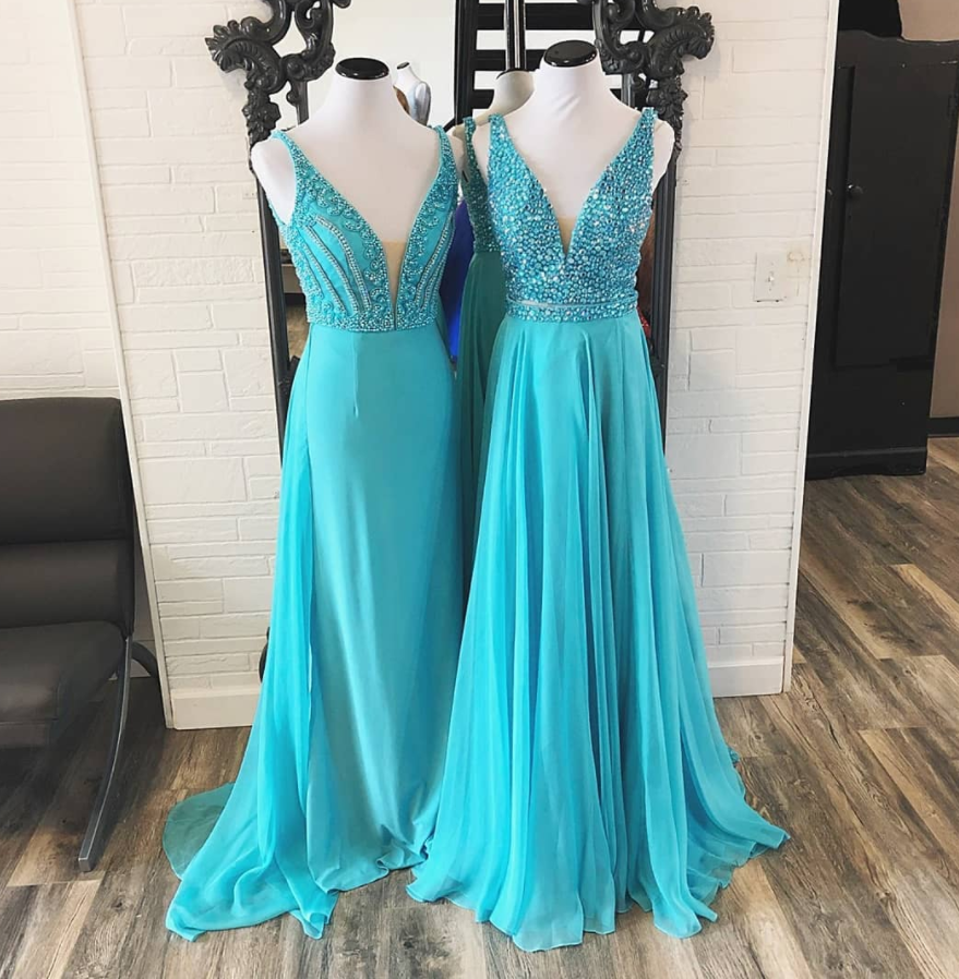 Spaghetti Strap Turquoise Chiffon Beaded Crystal Long Prom Dress A Line Prom Party Gowns ,wedding Guest Gowns 2020