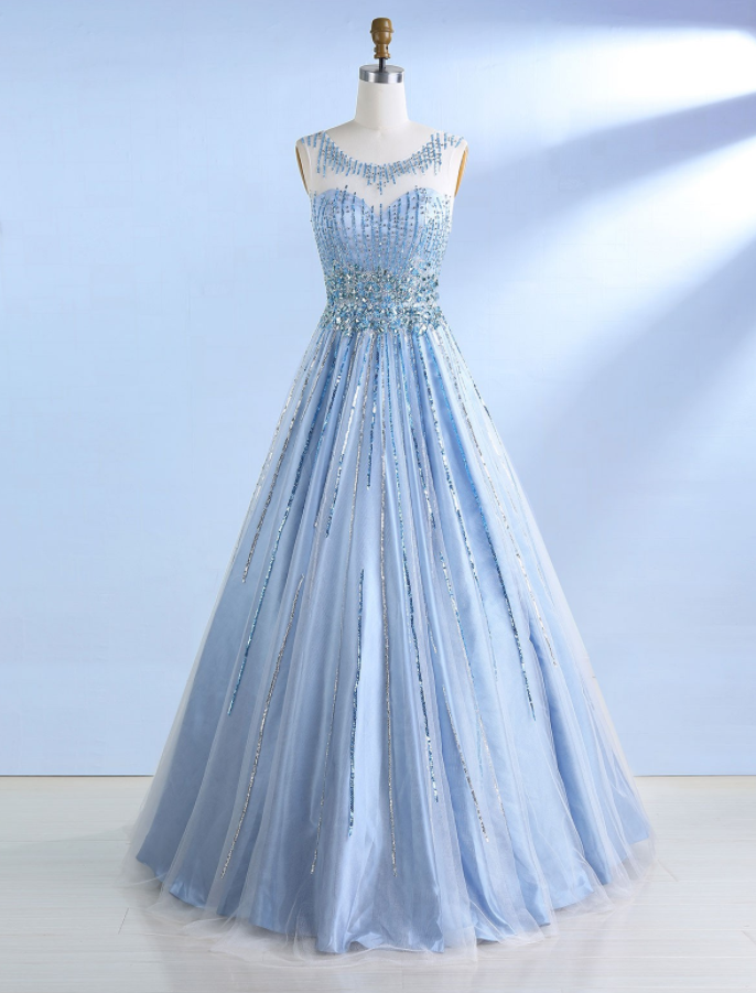 A-line Bateau Light Sky Blue Tulle Open Back Prom Dress With Beading Sequins