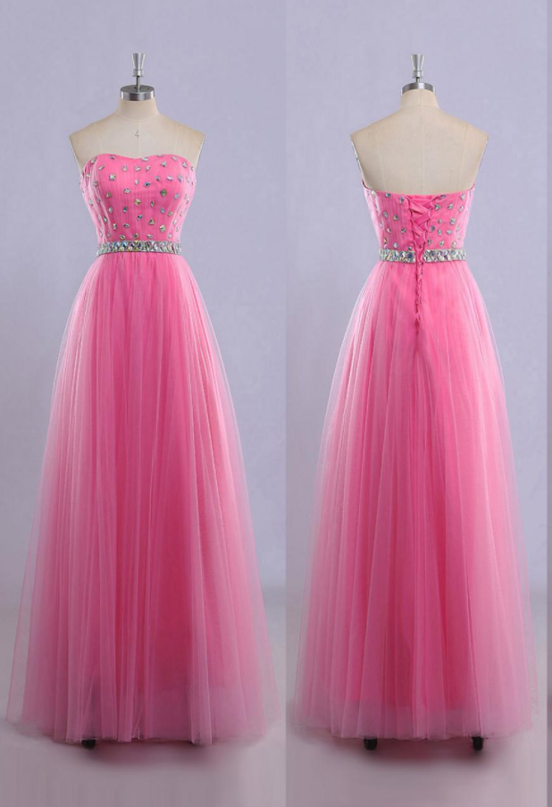 Beaded Embellished Pink Sweetheart Floor Length Tulle A-line Prom Dress Featuring Lace-up Back