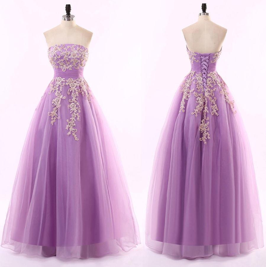 Lavender Long Tulle A-line Prom Dress Featuring Lace Appliqués And Straight Across Bodice With Lace-up Back