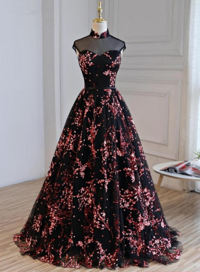 Charming Black Floral A-line Backless Long Wedding Party Dress, Black Formal Dress
