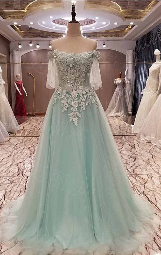 Mint A Line Tulle Prom Dresses Off The Shoulder Handmade Flowers Appliques Lace Evening Dress Party Gowns