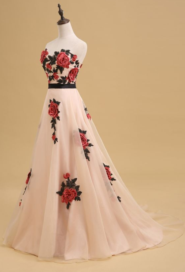 Rose Embroidered Floor Length Chiffon A-line Prom Dress Featuring Sweetheart Bodice And Chapel Train