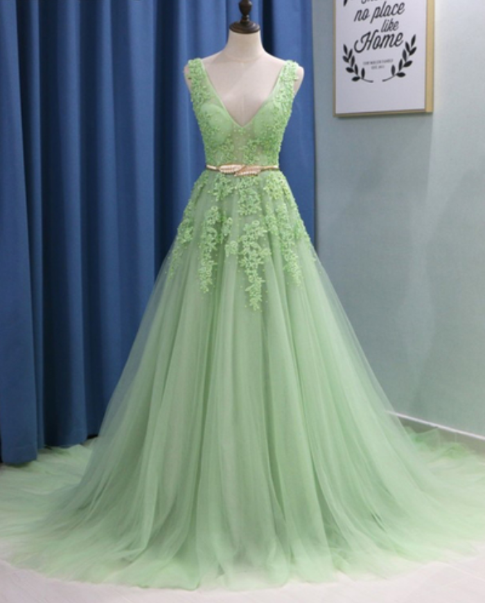 V-neck Light Green A-line Prom Dresses,fancy Dresses,prom Dress,prom Dresses,long Prom Dress