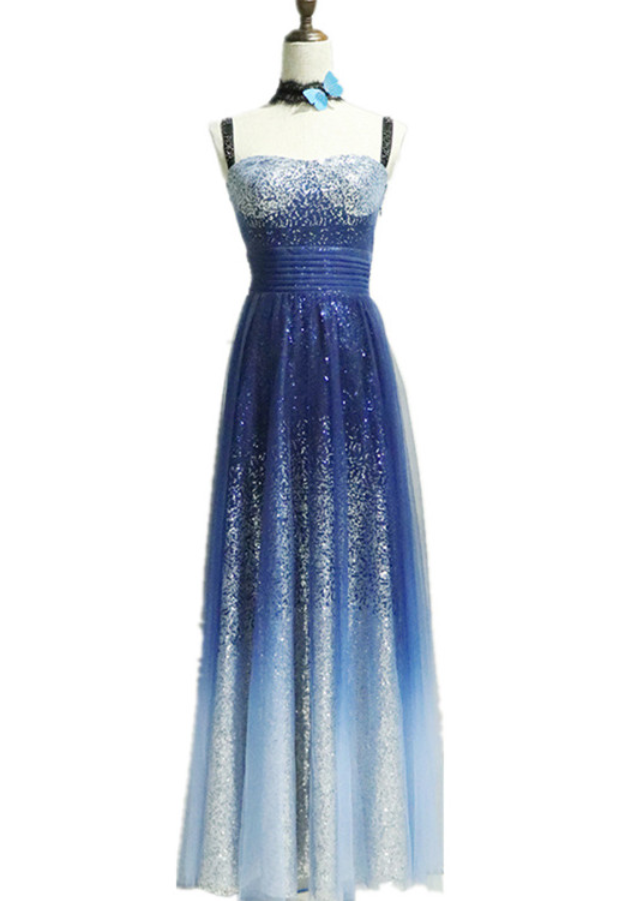 Blue Sequins Straps Gradient Long Prom Dresses,sparkle Formal Dresses, Evening Gowns