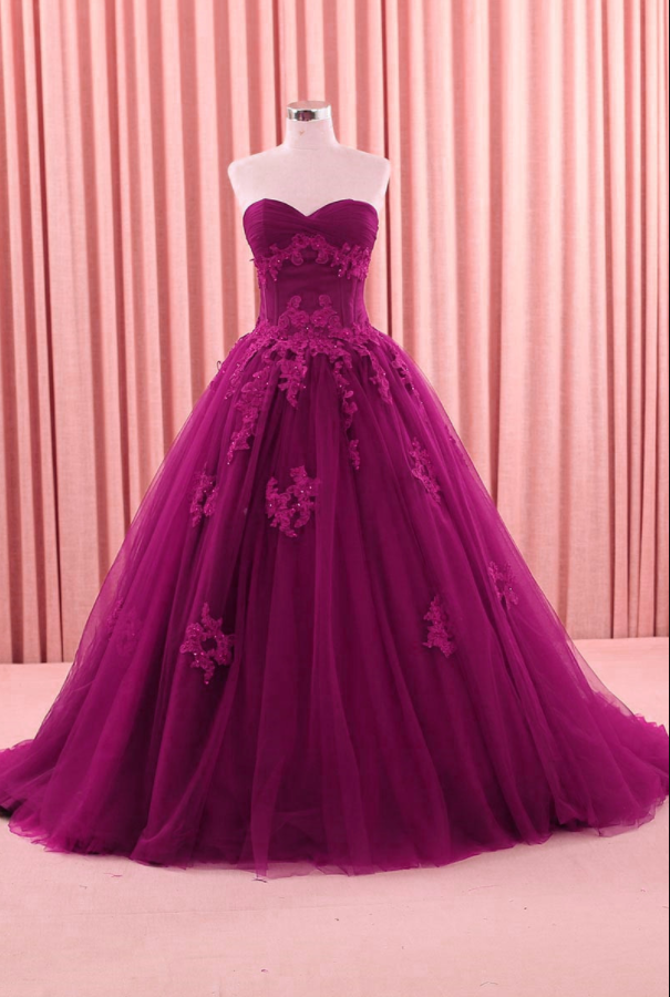 Vintage Prom Dresses,fuchsia Formal Wedding Gowns, Sweetheart Applique Sweep Tulle Ball Gown Quinceanera Dresses,sweet 16 Dresses