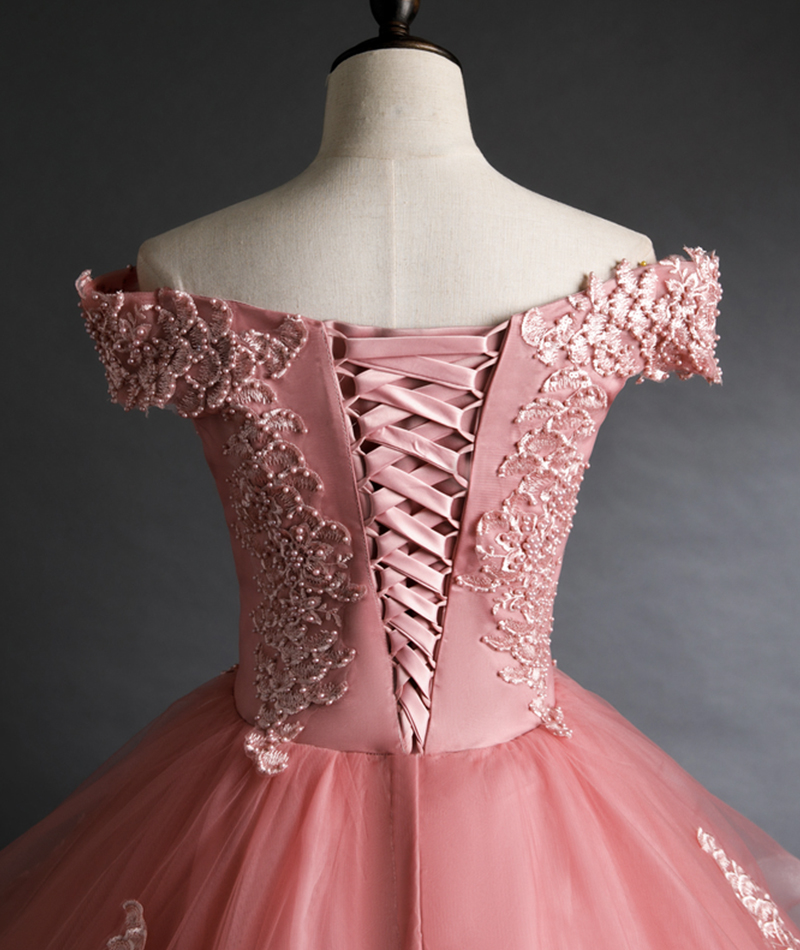 Pink lace ball gown prom dresses long evening dress main image 0