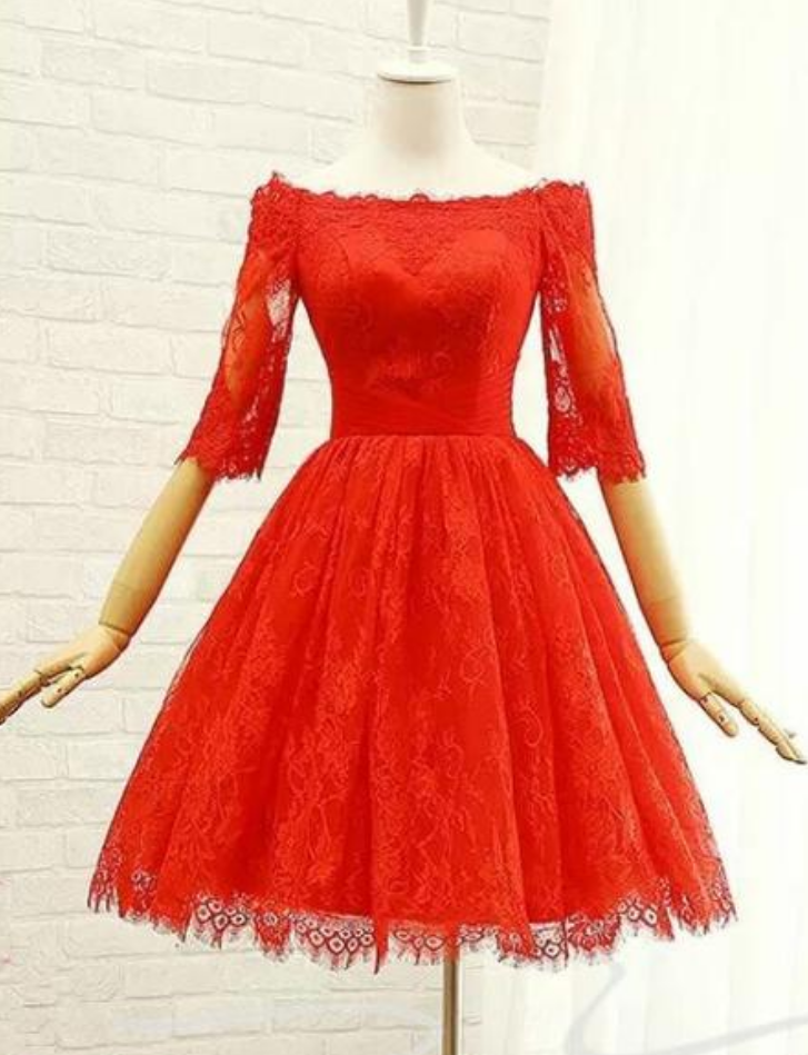 Homecoming Dresses Lace Short Sleeves Wedding Party Dress, Red Prom Dress