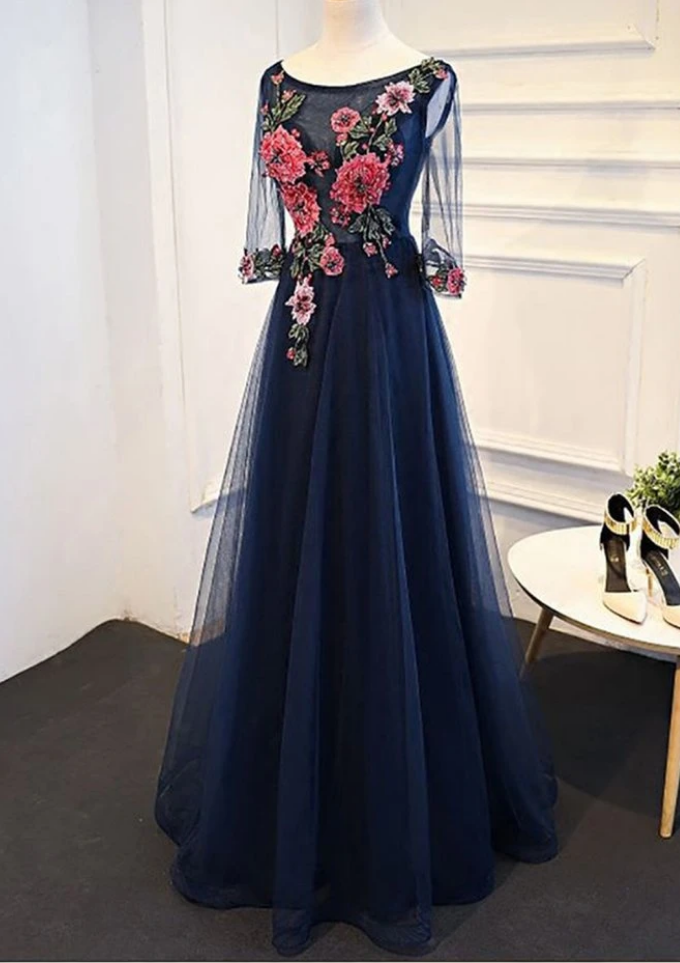 Prom Dresses Tulle A-line Flower Appliques Prom Dress With Sleeves,long Formal Evening Dress
