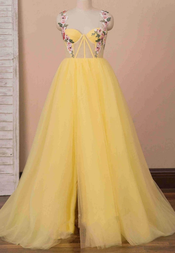 Prom Dresses A-line High Slit Yellow Tulle Prom Dress With Flower Appliques