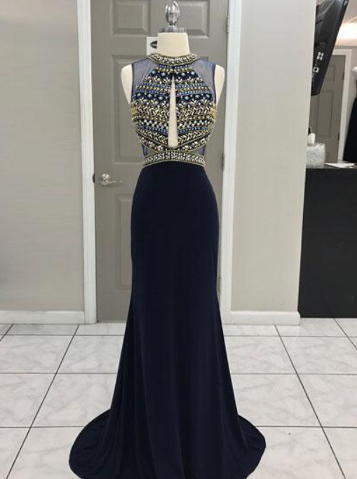 Charming Prom Dress, Sexy Navy Blue Backless Mermaid Prom Dresses, Long Evening Dress, Formal Gown