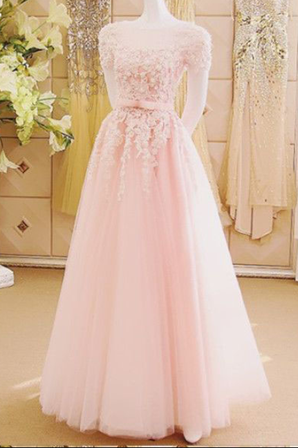 Appliques Prom Dress,long Prom Dresses,charming Prom Dresses,pink Evening Dress,a Line Prom Gowns,formal Women Dress,short Sleeves Prom