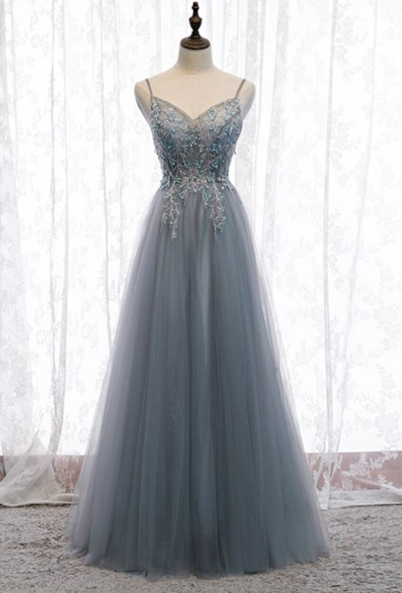A-line Gray Tulle Spaghetti Straps Sequins Prom Dress