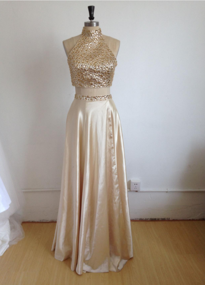 Prom Dresses, Two Pieces Prom Dresses, 2 Piece Prom Dresses, 2017 Prom Dresses, Gold Evening Dresses, Beaded Prom Gowns, Prom Dresses With