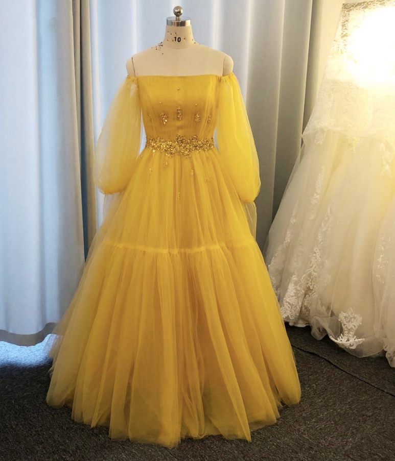 Long Sleeve Prom Dress, Yellow Prom Dress, Tulle Prom Dress, A Line Prom Dresses, Robe De Bal, Beaded Prom Dress, 2021 Prom Dresses, Vestido De