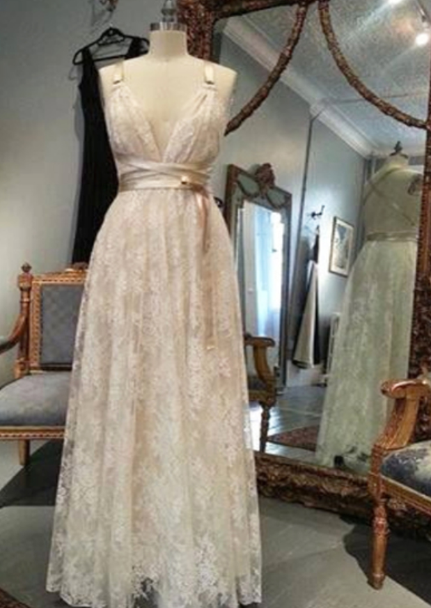 Simple Creamy Lace Prom Dress, Long A-line Prom Dress, Cross Back Prom Dress, Spaghetti Straps Evening Dress
