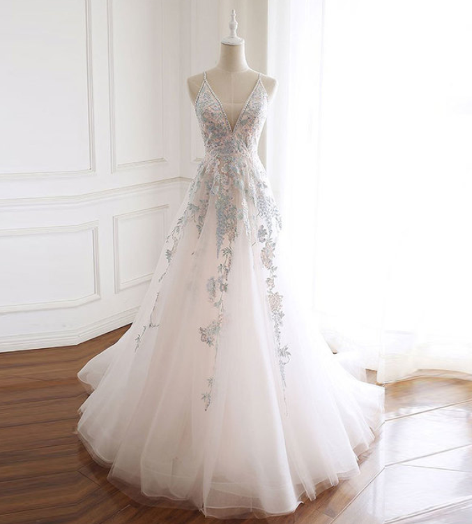 White V Neck Tulle Lace Long Prom Dress, Lace Evening Dress