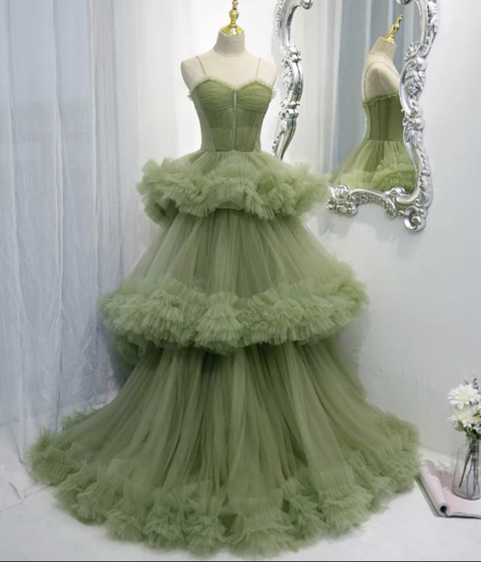 Green Tulle Long A Line Prom Dress Green Evening Dress on Luulla