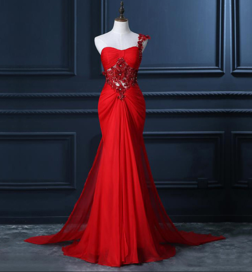 One Shoulder Prom Dress With Beaded Flowers, Unique Red Prom Gowns, Mermaid Chiffon Prom Dress With Cut-out,