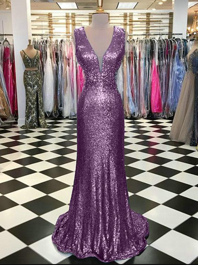 Shinny Light Purple Prom Dresses Sequined Deep V Neckline Mermaid Prom Dress 2018 Fashion