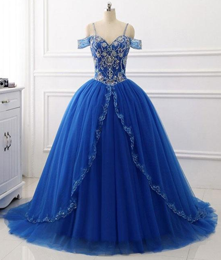 Charming Sweetheart Off The Shoulder Blue Sequin Beaded Prom Dress,long Ball Gowns,rhinestones Prom Gowns