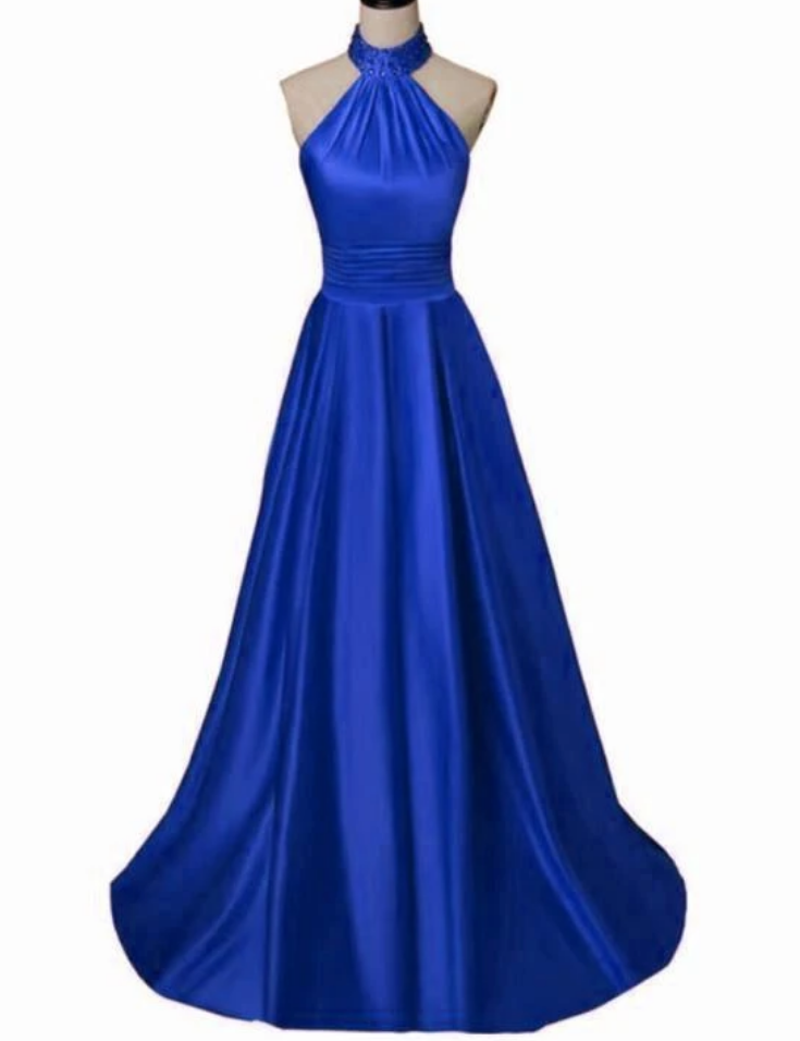 Prom Dresses Satin Halter Long Junior Prom Dress, Royal Blue Formal Gowns
