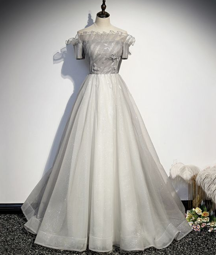 Silver tulle long ball gown dress formal dress