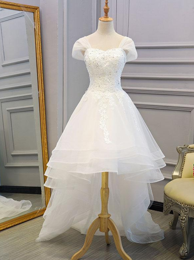 White lace tulle high low long wedding dress, bridal dress
