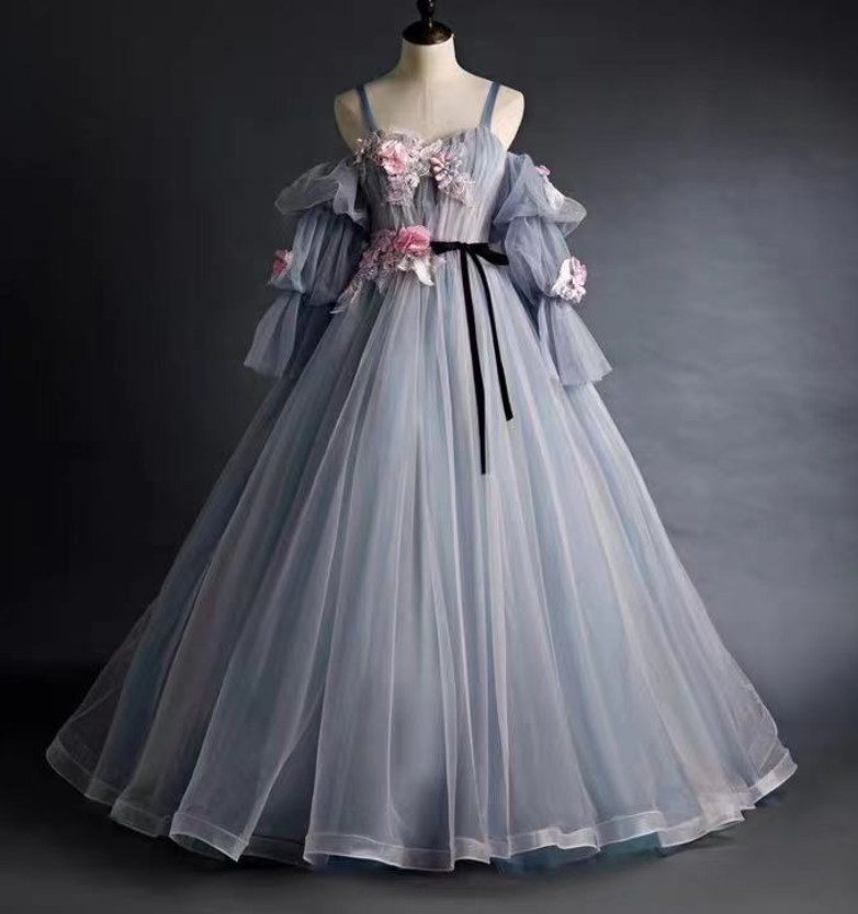 Long Sleeve Ball Gown, Temperament Spaghetti Strap Prom Dress, Lantern Sleeve Evening Dress,custom Made