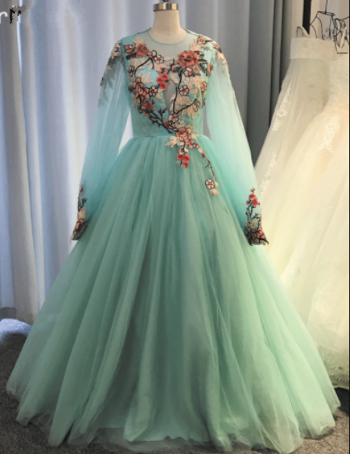 Turquoise Blue Prom Dresses Long Embrodiery Applique Elegant A Line Tulle Prom Gown Vestidos De Fiesta