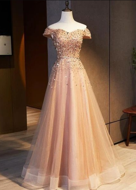 Champagne Sequins And Beadings Off Shoulder Sweetheart Party Dress, Long Prom Dress