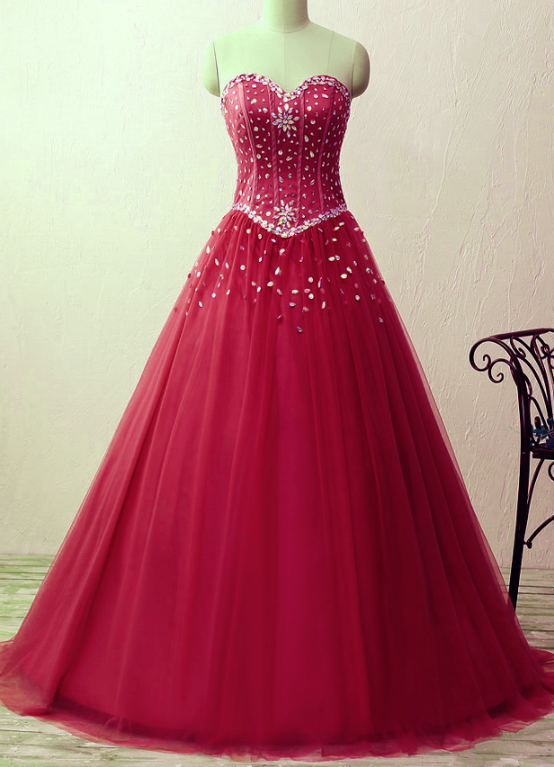 Sweetheart Crystal Beads Satin Tulle Floor Length Ball Gown Prom Quinceanera Dresses