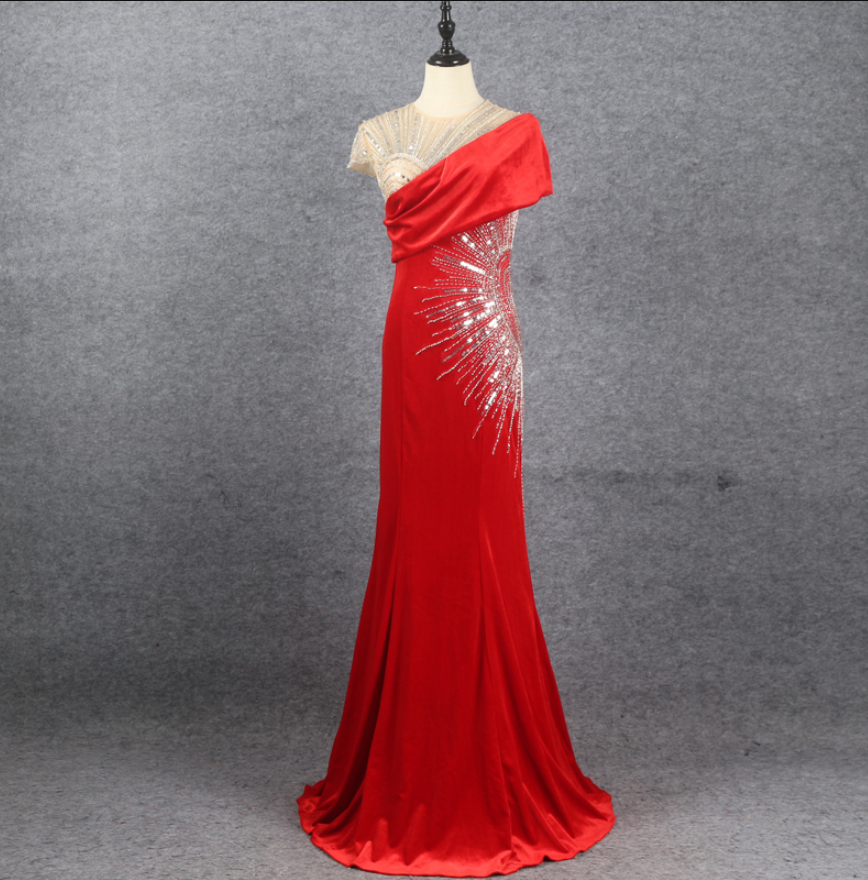 Red Velvet Dress, Beaded And Elegant, Thin Fishtail Dress Dress