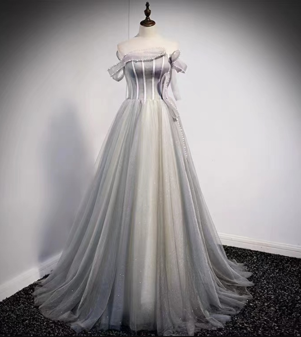 Off-the-shoulder Evening Dress, Style, Senior Grey Fairy Tulle Dress, Dream Party Dress, Noble Prom Dress,custom Made