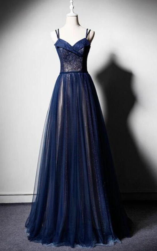 A Line Dark Blue Tulle Long Prom Dress, Dark Blue Evening Dress