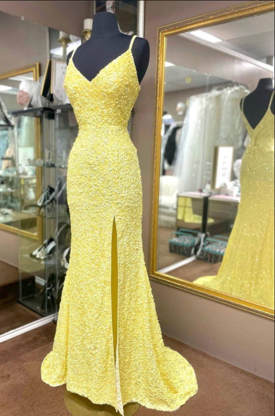 Elegant Yellow Sequins Mermaid Prom Dress