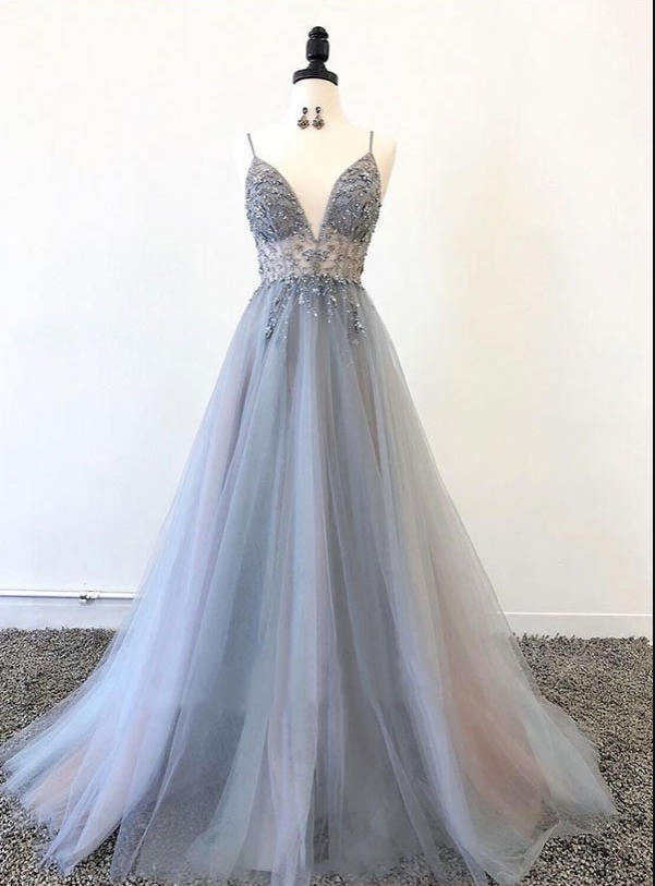 Gray V Neck Tulle Beads Long Prom Dress, Evening Dress