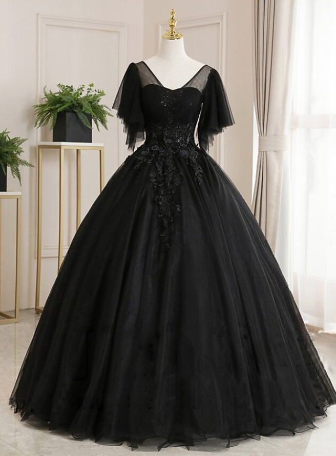 Ball Gown Luxurious Floral Quinceanera Prom Dress Scoop Neck Short Sleeve Floor Length Tulle With Pleats Embroidery